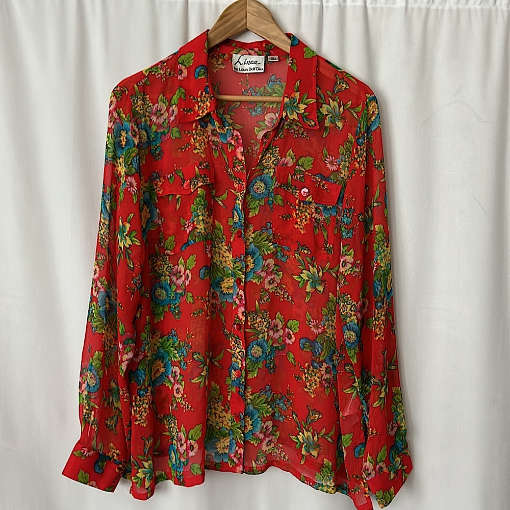 Linea by Louis Dell’Olio Orange Floral Long Sleeve Blouse Shirt Top **Size XL** - Picture 1 of 5